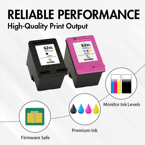 Replacement HP Ink 62XL Combo Pack of 3 - With Chip - High Yield (2 Black & 1 Tri-Color) - Firmware Safe