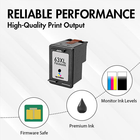 HP 63XL Black Ink Cartridge Replacement (F6U64AN) - With Chip - High Yield - Firmware Safe